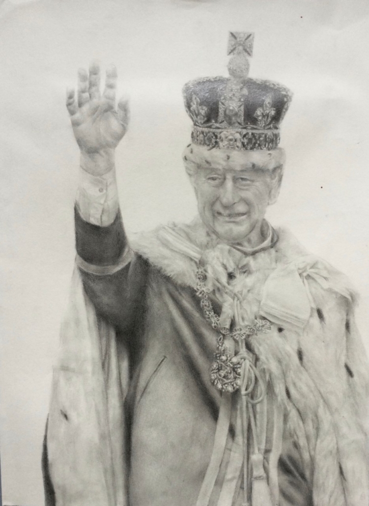 Winner of 13 - 16 yrs - Logan Compston (Northampton School for Boys) - a stunning pencil drawing of the King in his coronation robes, waving to the crowds. A clear winner!