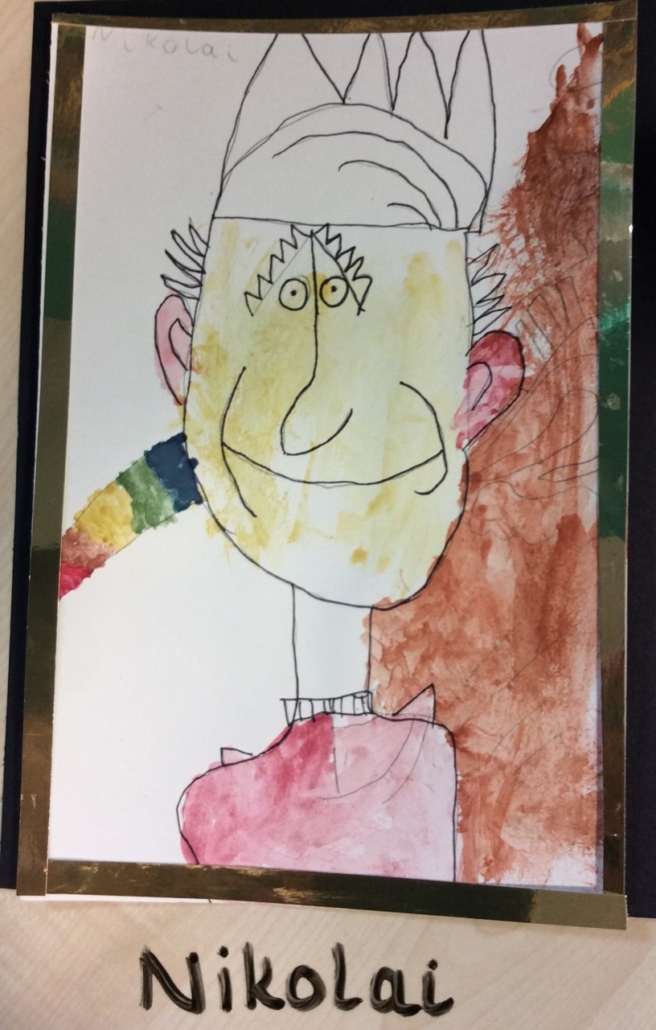 Winner of age 4-6 yrs – Nikolai Zangaya age 5 (St Lukes Primary School, Northampton) - Charming watercolour painting of the King’s face with a lovely gold