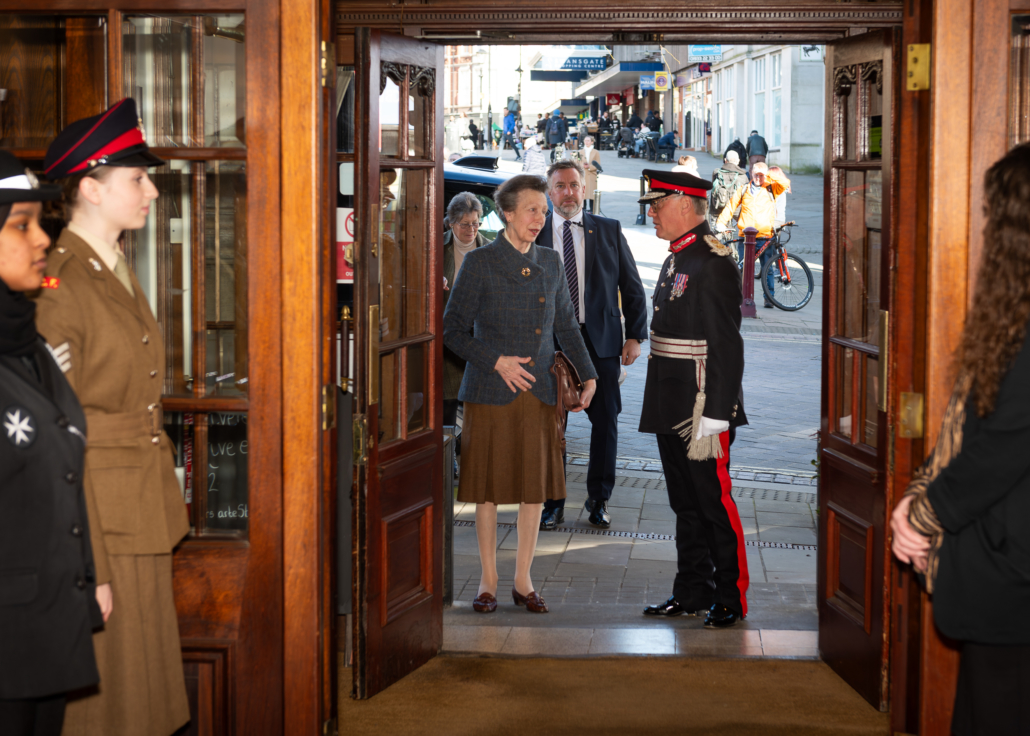 HRH The Princess Royal arriving at the Hind Hotel and being met by the Lord-Lieutenant of Northamptonshire