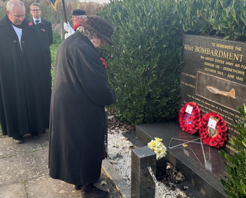 Deputy Lieutenant, Mrs Charlotte Brudenell at at 401st Bombardment Group Memorial at Deenethorpe Airfield.