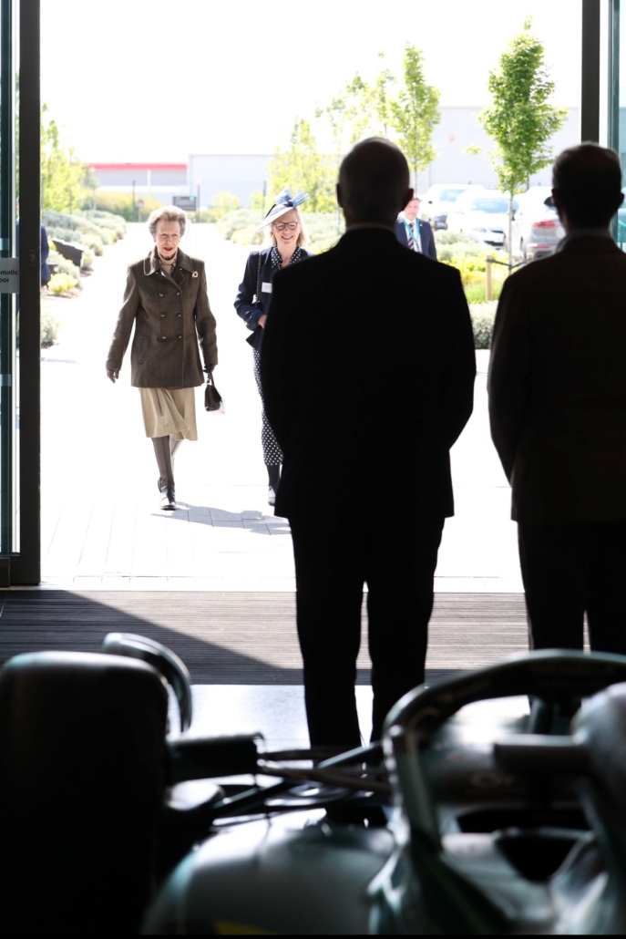 HRH The Princess Royal with Vice Lord-Lieutenant, Mrs Anne Burnett arriving at Aston Martin Fi HRH The Princess Royal