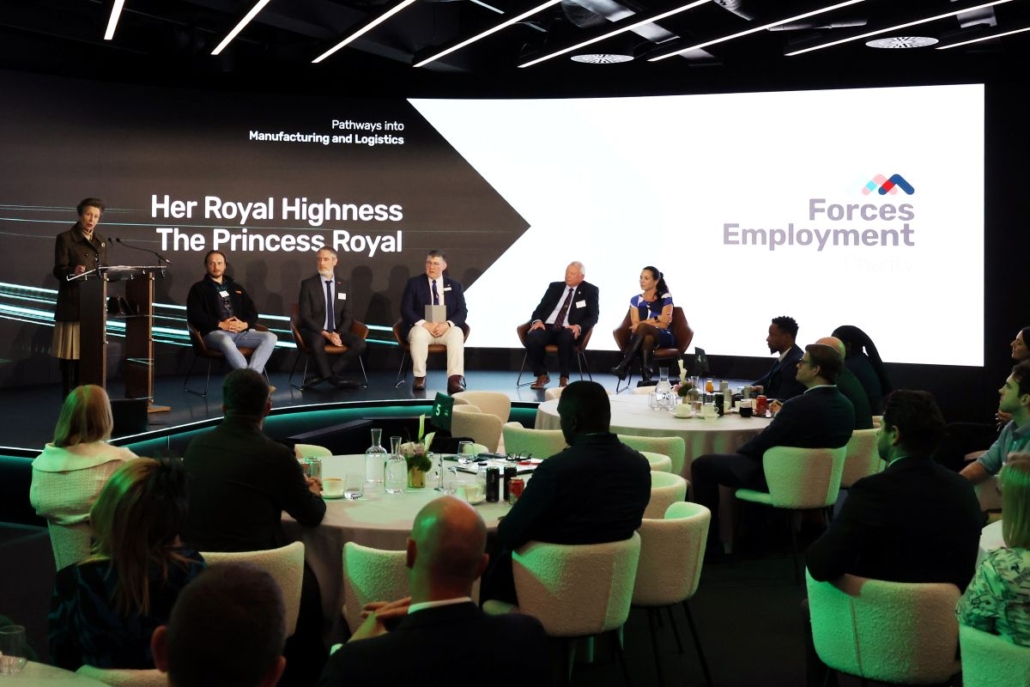HRH The Princess Royal addressing the audience who attended Pathways into Manufacturing and Logistics HRH The Princess Royal speaking at Forces Employment Charity Pathways into Manufacturing and Logistics